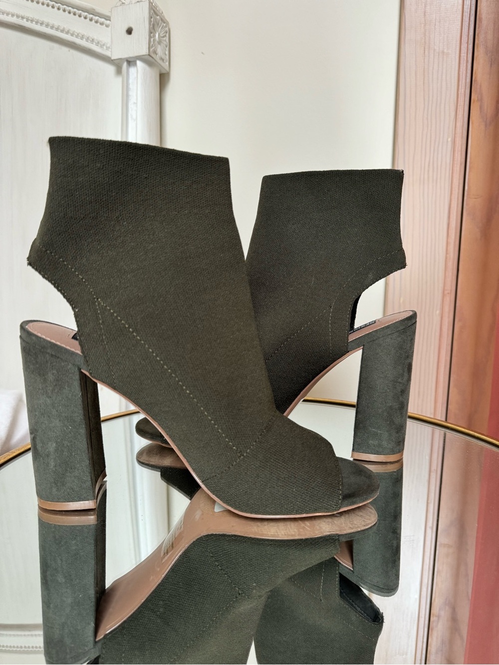 Olive Green Women's Open-Toe Block Heel Booties